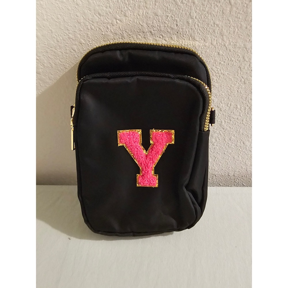 Black Nylon Crossbody Bag Pink Chenilleβ Letter Y Patch Gold Zipper Small Pouch